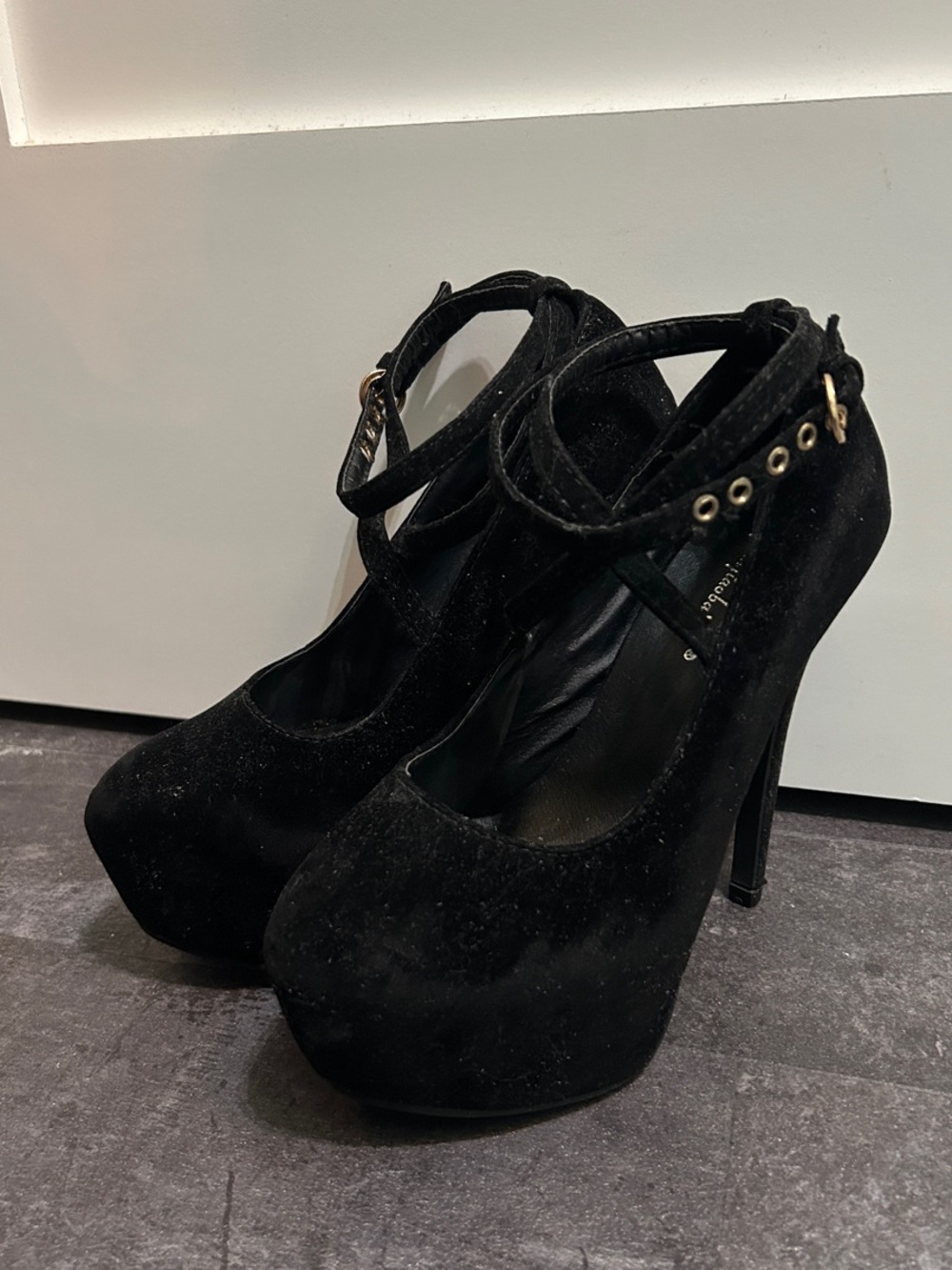 Black Suede Platform Mary Jane Heels with Cross Ankle Strap